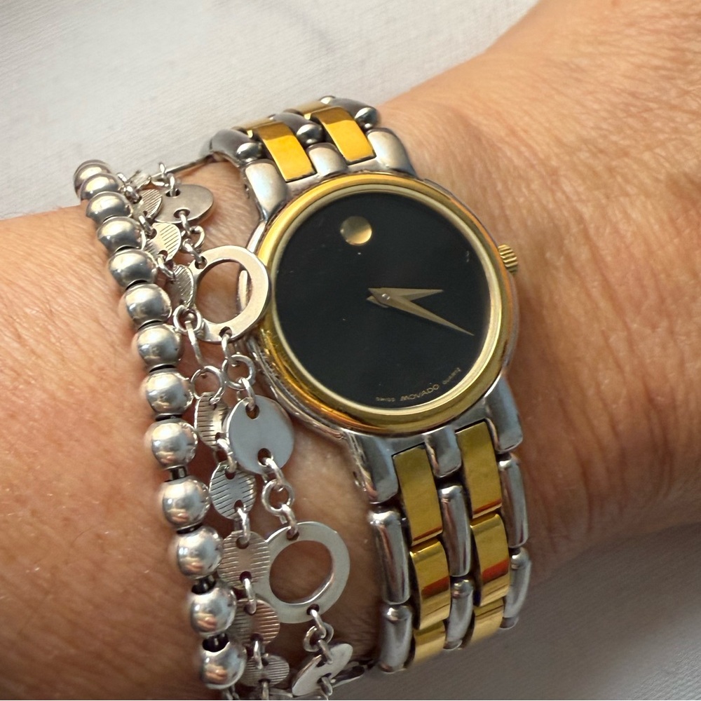 Vintage Movado Museum Two Tone Ladies Watch Black Face Silver Gold with Box